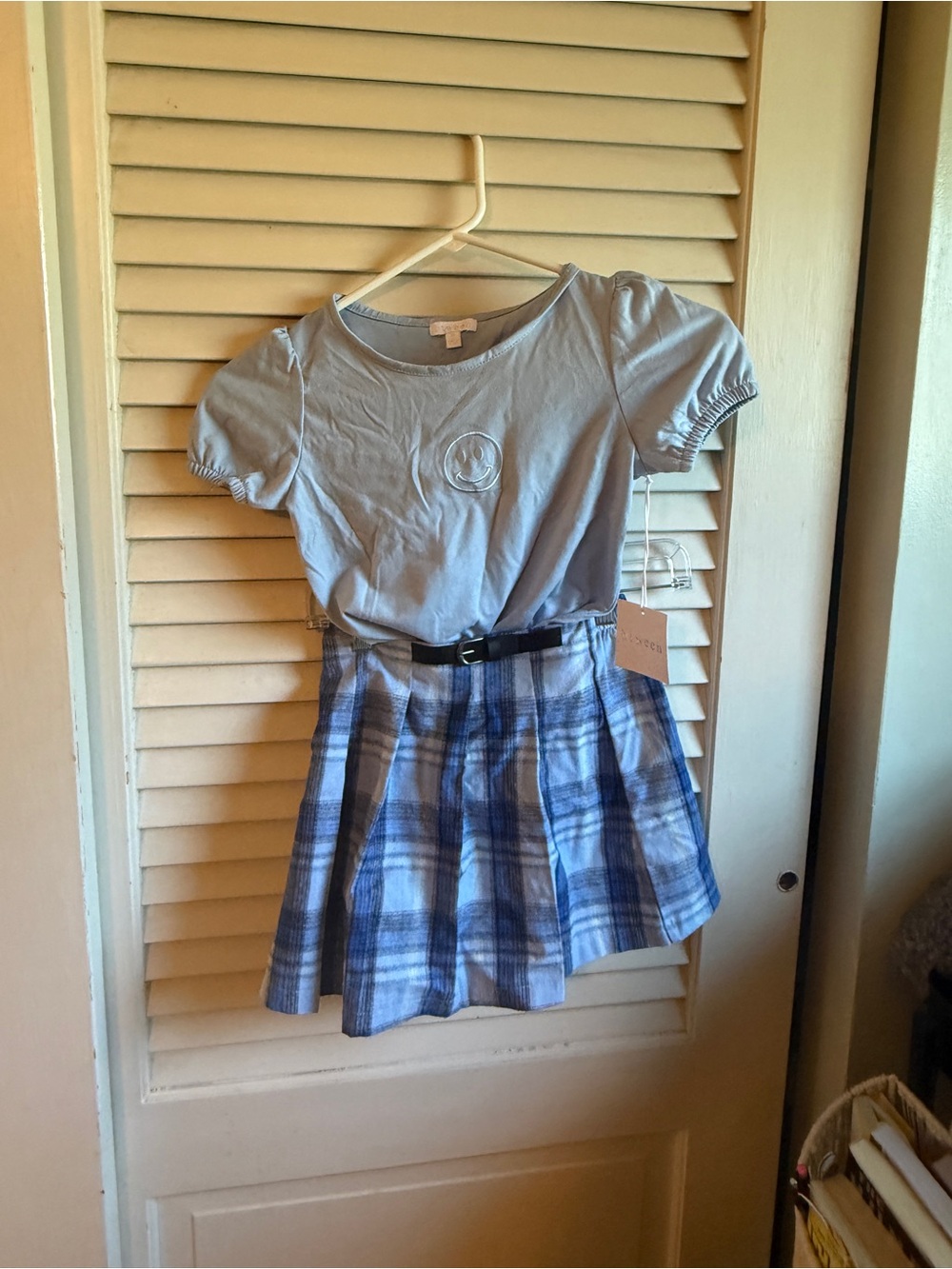 btween Light Blue Short Sleeve Top with Blue Plaid Pleated Skirt